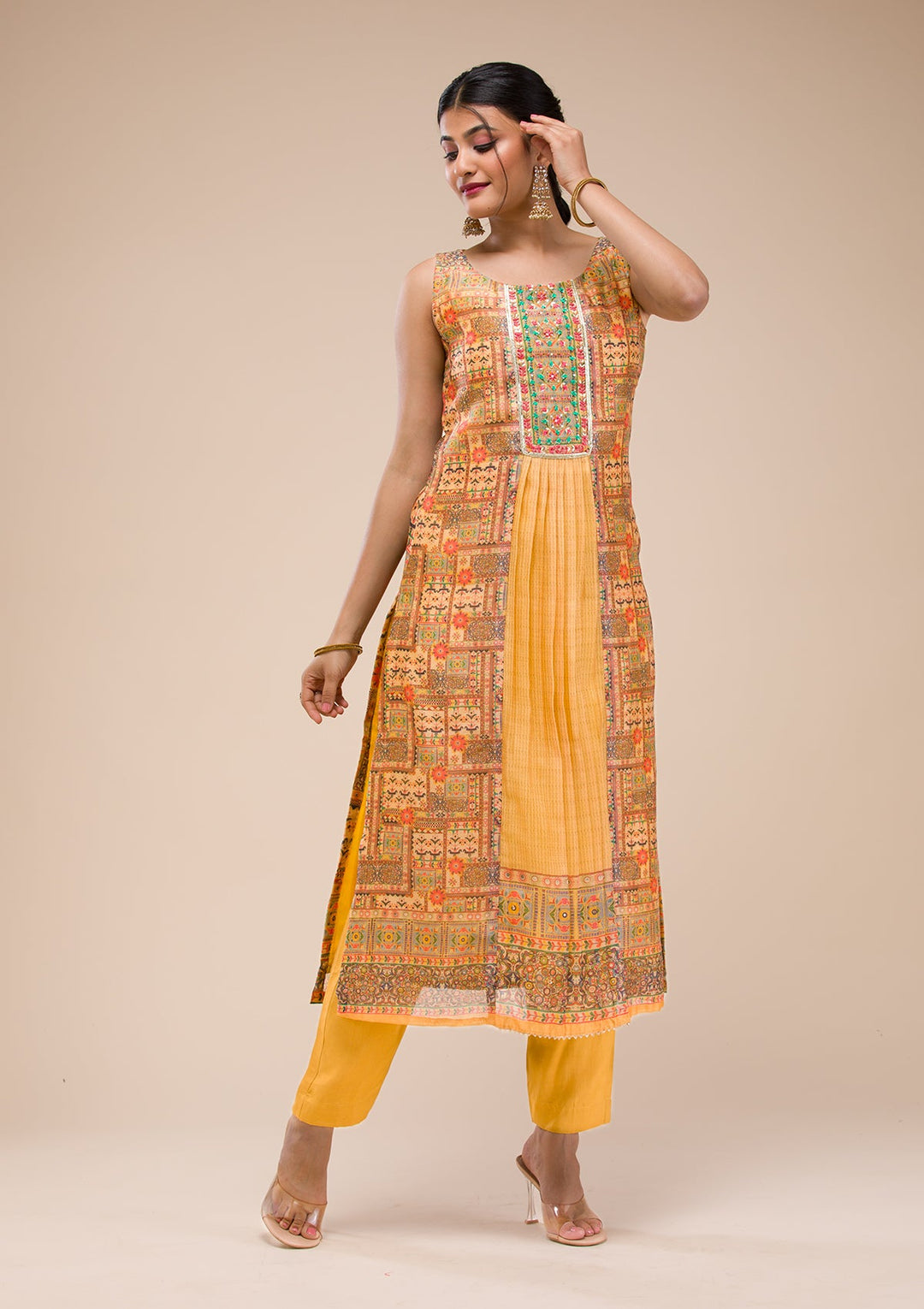 Mustard Threadwork Chanderi Readymade Salwar Suit-Koskii