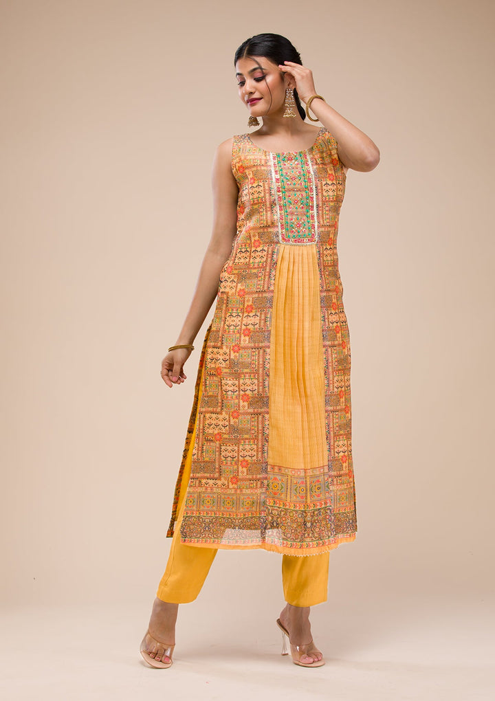 Mustard Threadwork Chanderi Readymade Salwar Suit-Koskii