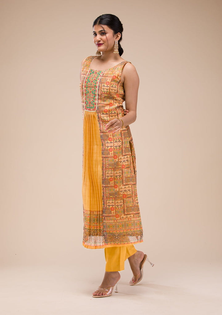 Mustard Threadwork Chanderi Readymade Salwar Suit-Koskii
