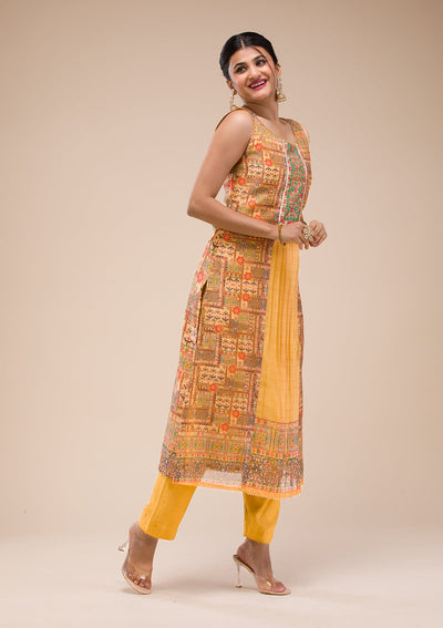 Mustard Threadwork Chanderi Readymade Salwar Suit-Koskii