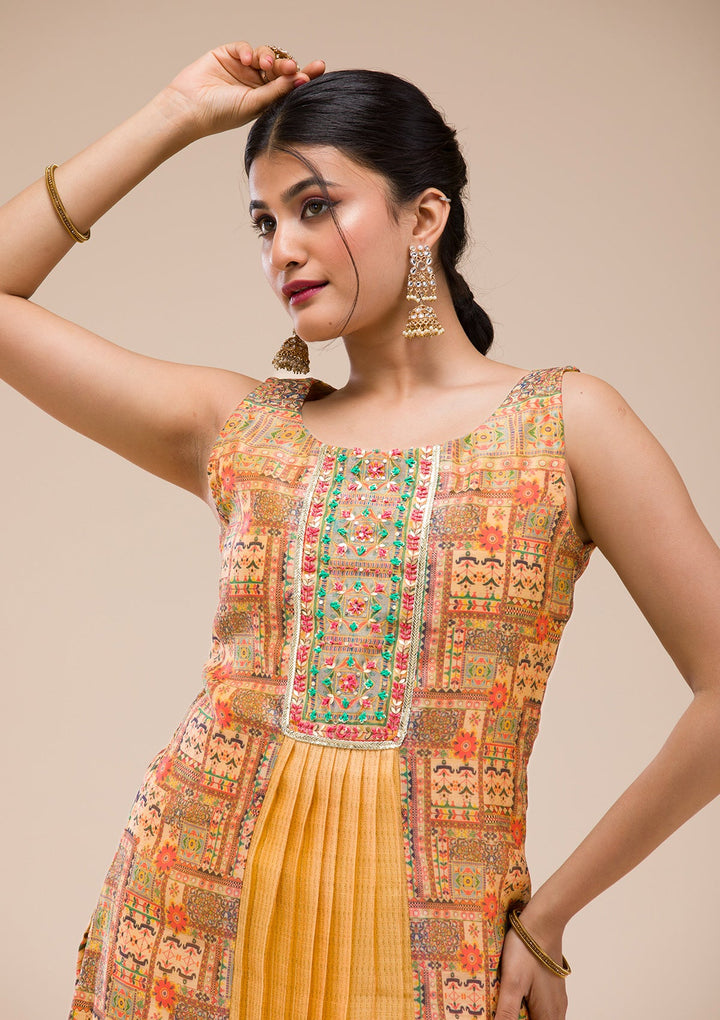 Mustard Threadwork Chanderi Readymade Salwar Suit-Koskii