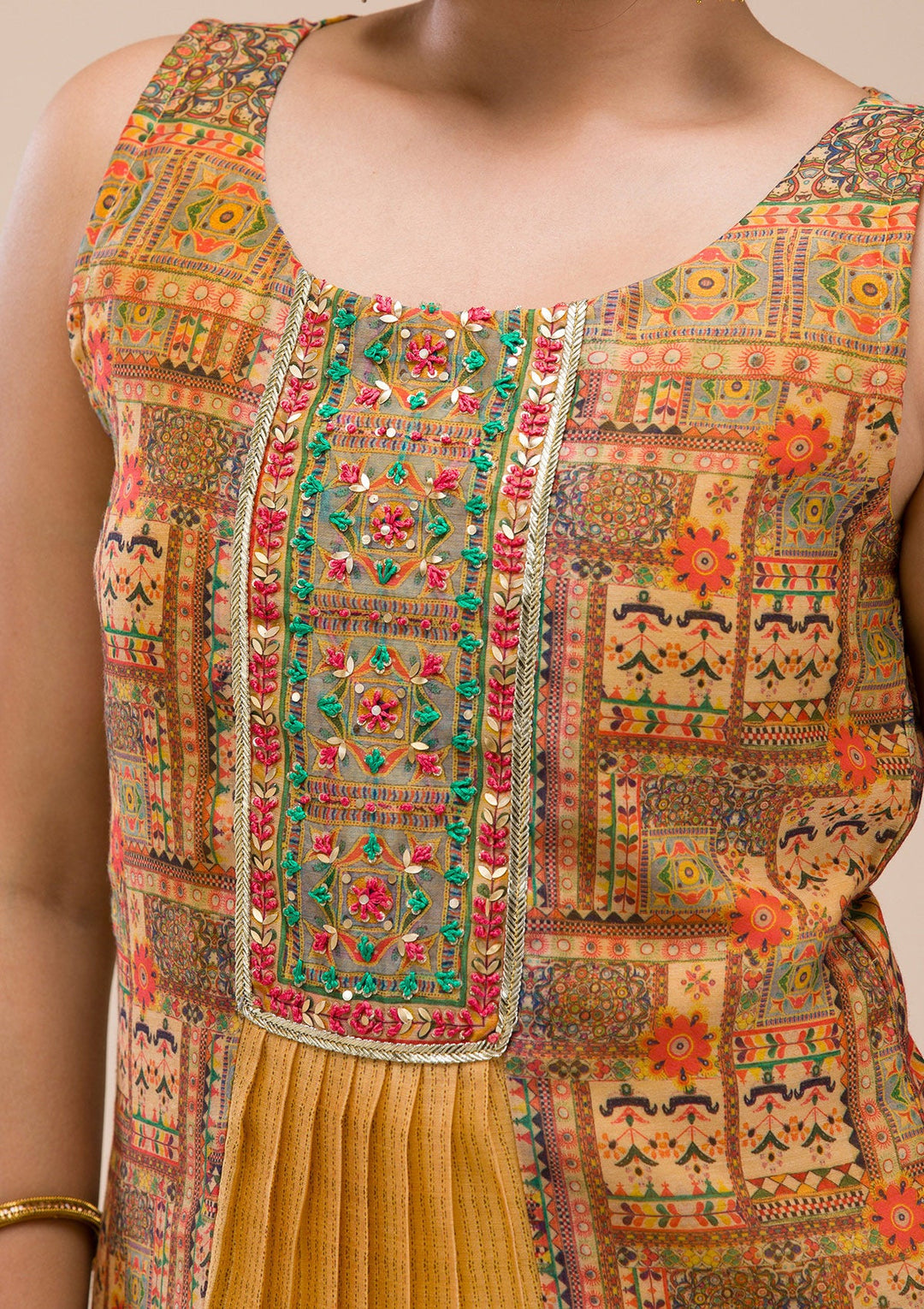 Mustard Threadwork Chanderi Readymade Salwar Suit-Koskii