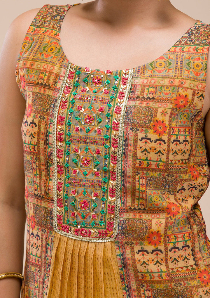 Mustard Threadwork Chanderi Readymade Salwar Suit-Koskii