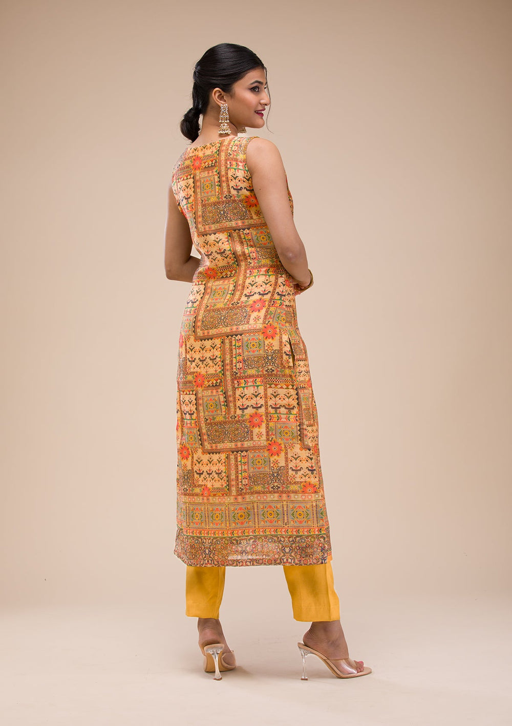 Mustard Threadwork Chanderi Readymade Salwar Suit-Koskii