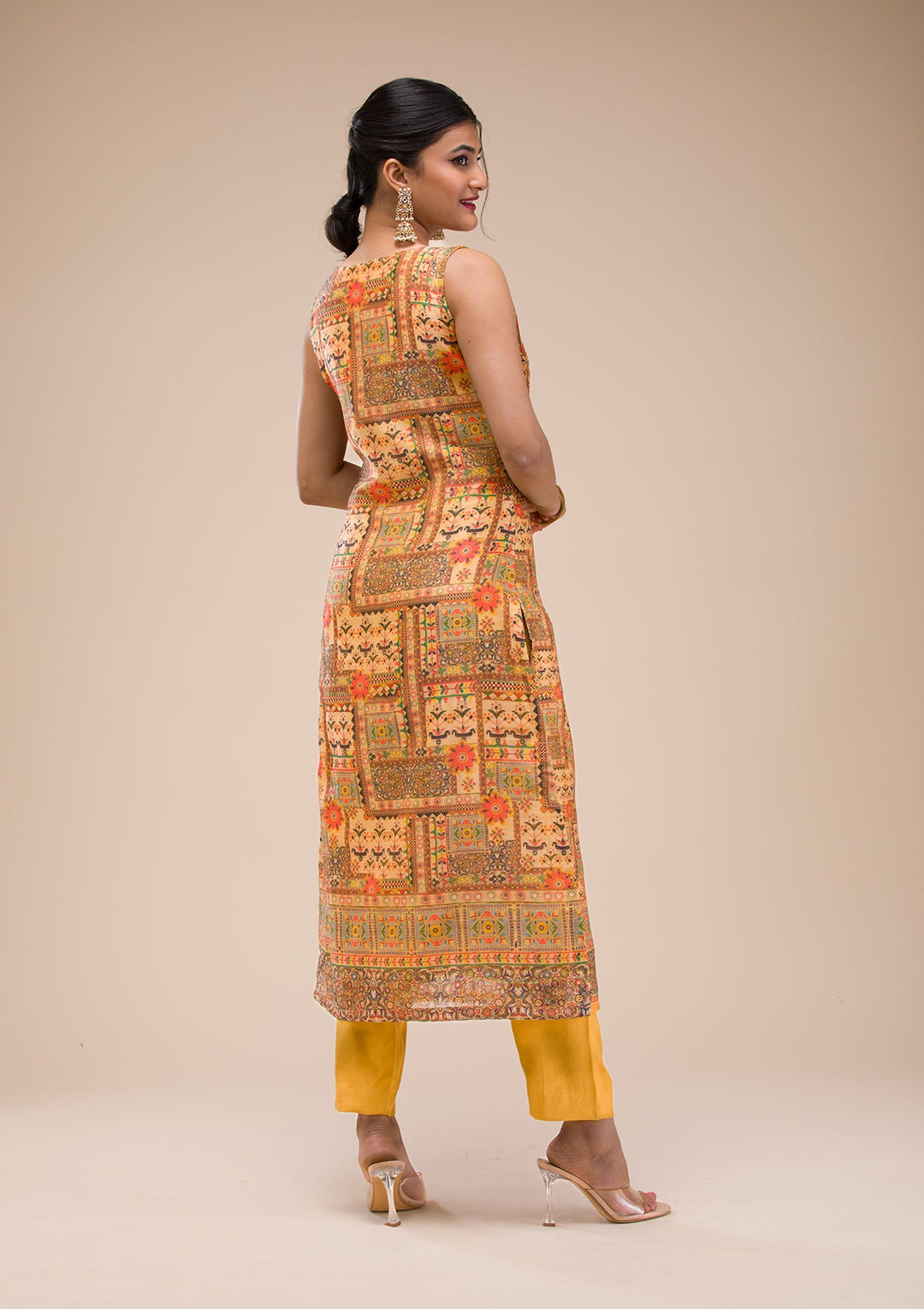 Mustard Threadwork Chanderi Readymade Salwar Suit-Koskii