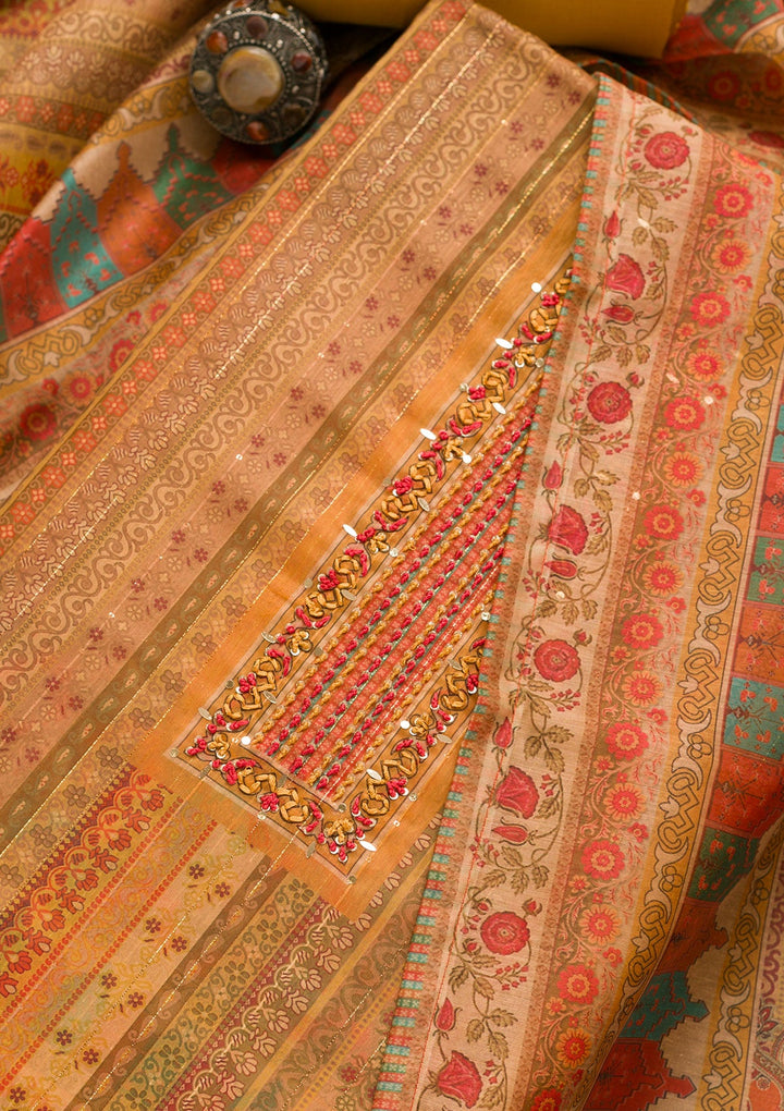 Mustard Threadwork Chanderi Unstitched Salwar Suit-Koskii