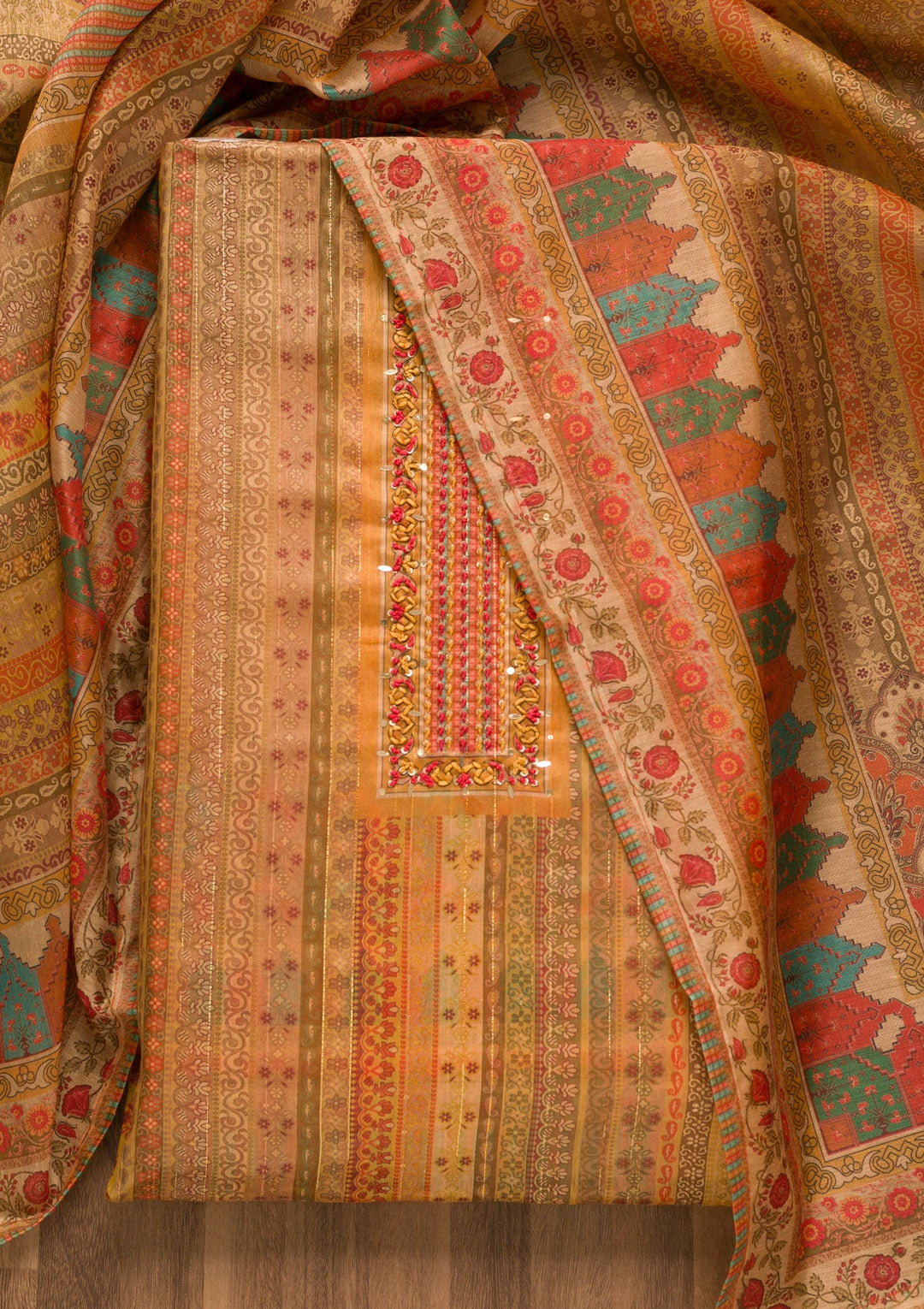 Mustard Threadwork Chanderi Unstitched Salwar Suit-Koskii