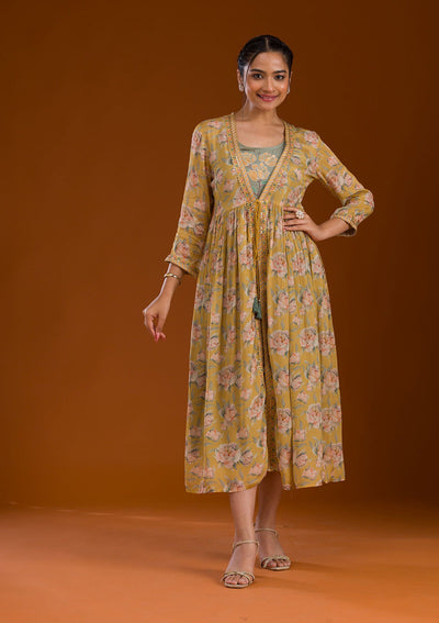 Mustard Threadwork Chiffon Readymade Salwar Suit-Koskii