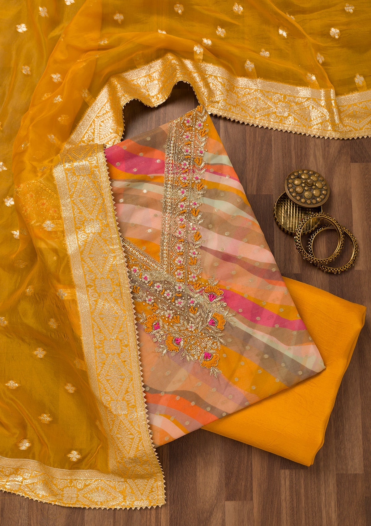 Mustard Threadwork Chiffon Unstitched Salwar Suit-Koskii