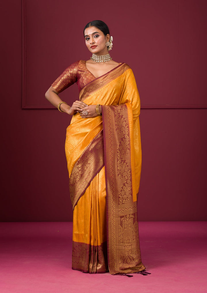 Mustard Threadwork Soft Silk Saree