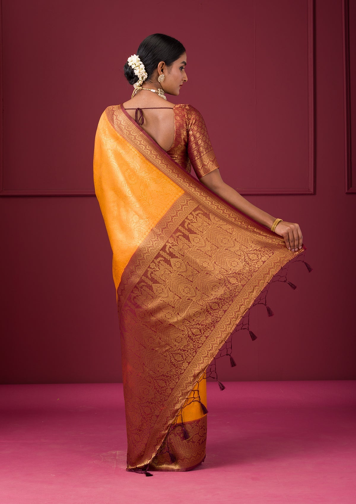 Mustard Threadwork Soft Silk Saree-Koskii