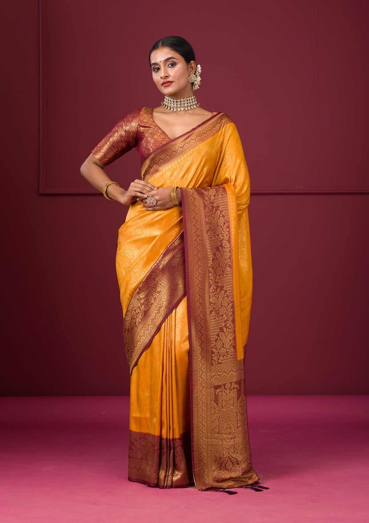 Mustard Threadwork Soft Silk Saree-Koskii