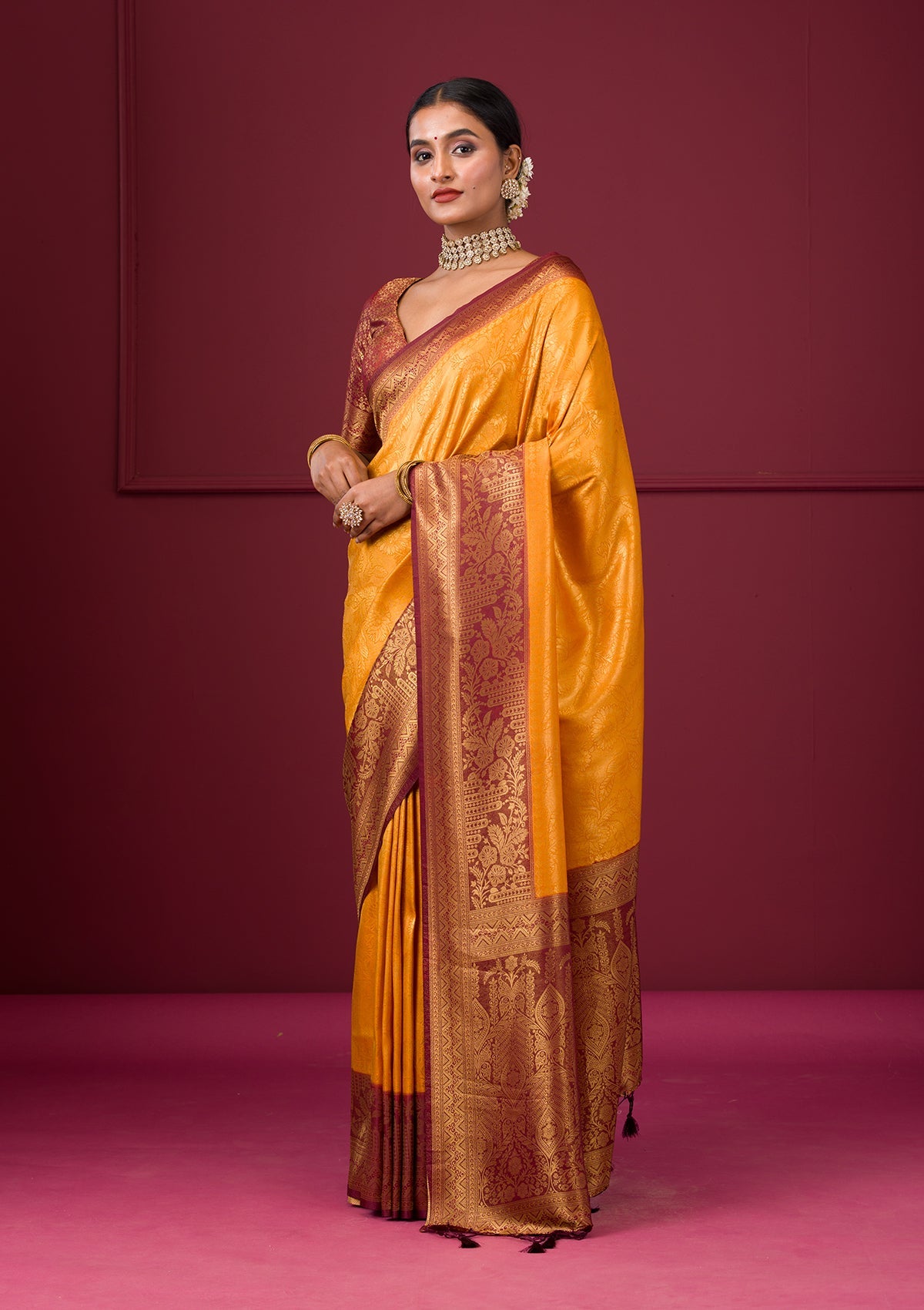 Mustard Threadwork Soft Silk Saree-Koskii