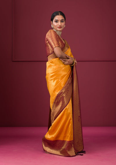 Mustard Threadwork Soft Silk Saree-Koskii