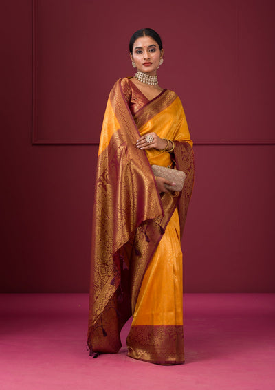 Mustard Threadwork Soft Silk Saree-Koskii