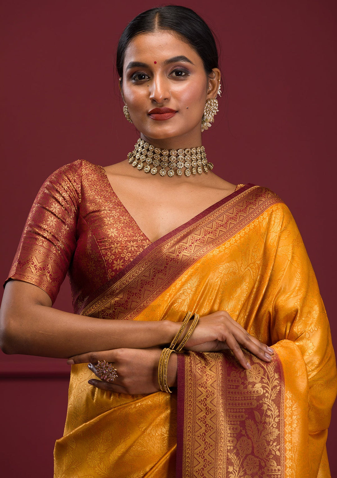 Mustard Threadwork Soft Silk Saree