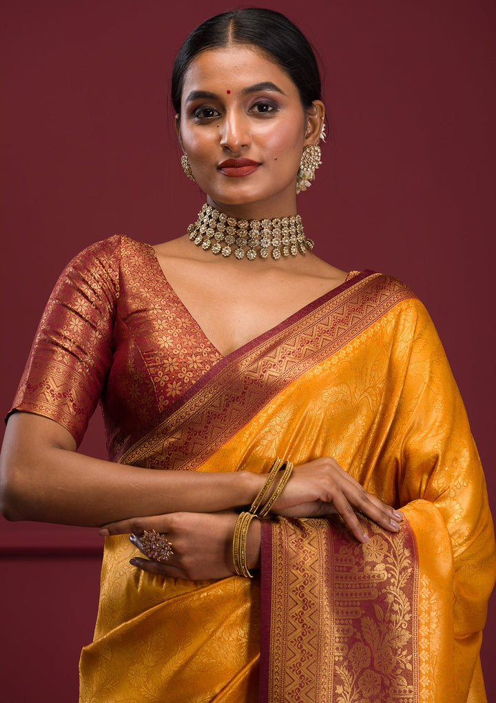 Mustard Threadwork Soft Silk Saree