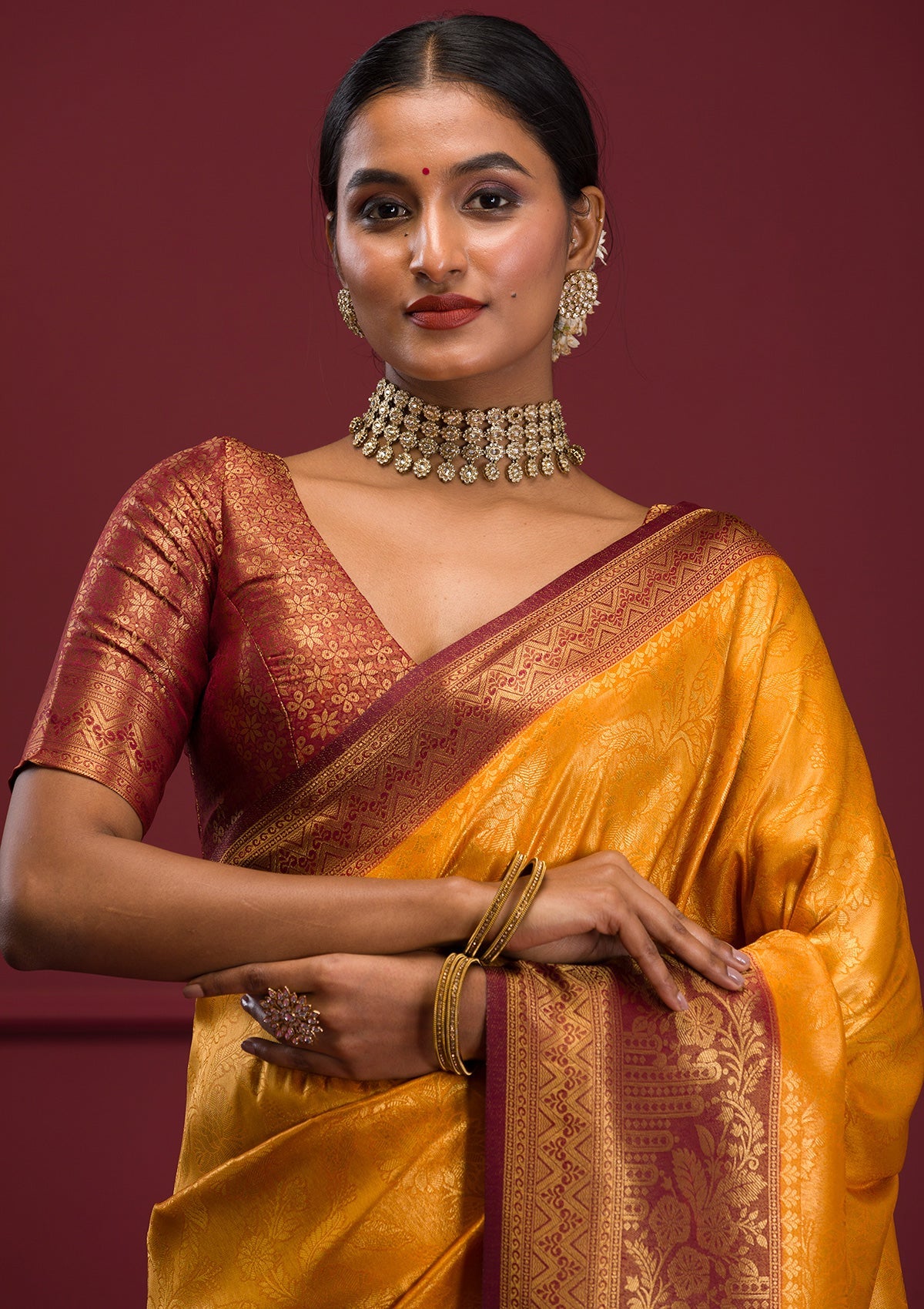 Mustard Threadwork Soft Silk Saree-Koskii