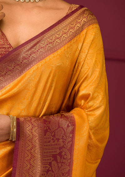 Mustard Threadwork Soft Silk Saree-Koskii