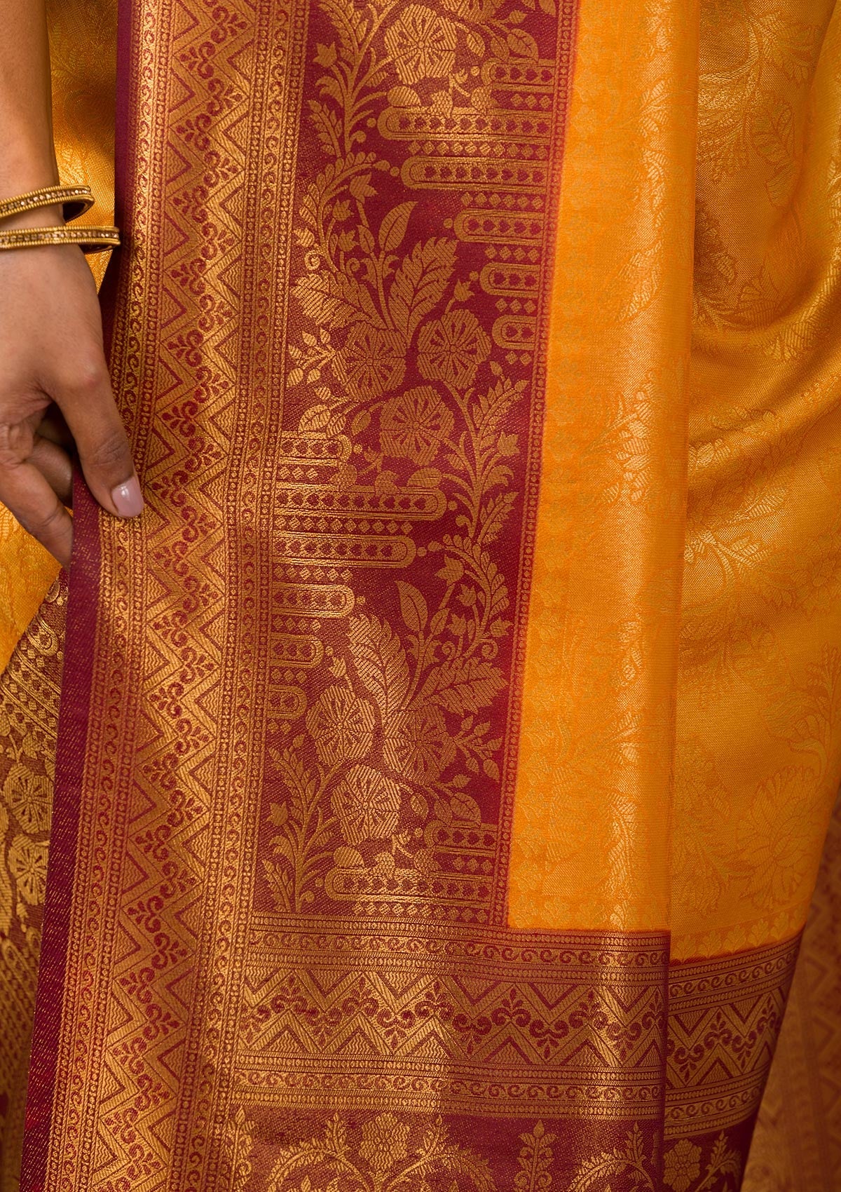 Mustard Threadwork Soft Silk Saree-Koskii