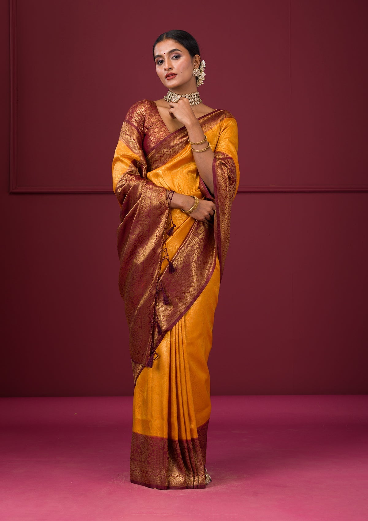 Mustard Threadwork Soft Silk Saree-Koskii