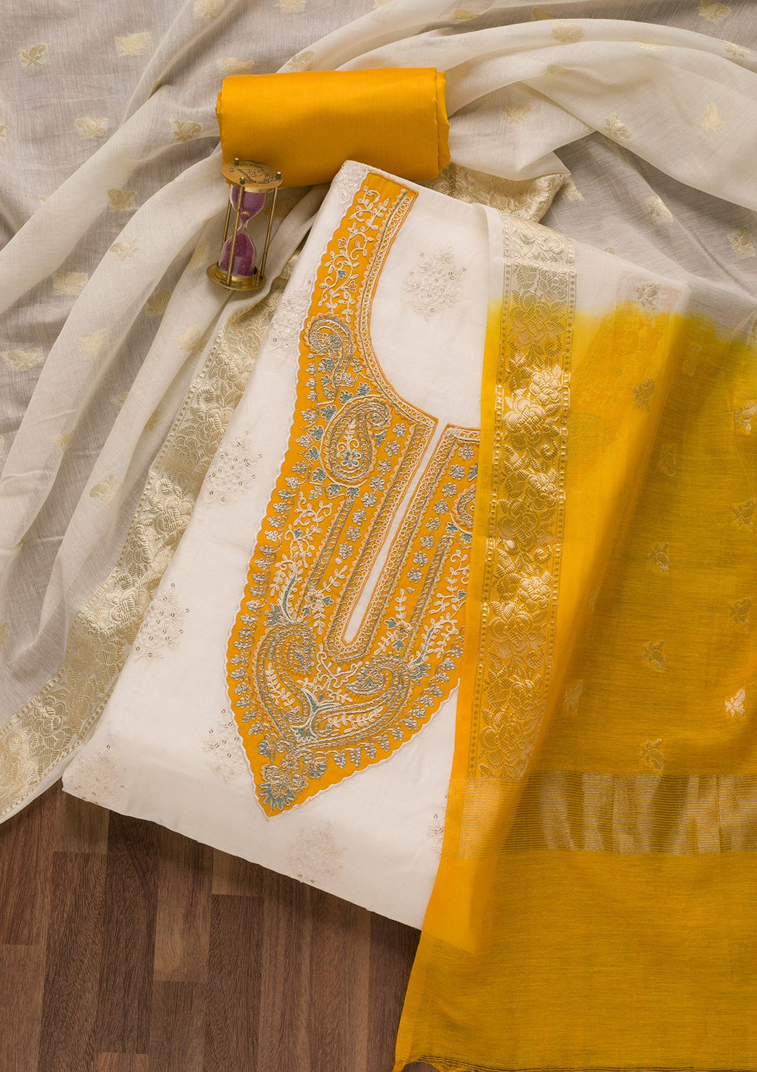 Mustard Threadwork Cotton Unstitched Salwar Suit-Koskii