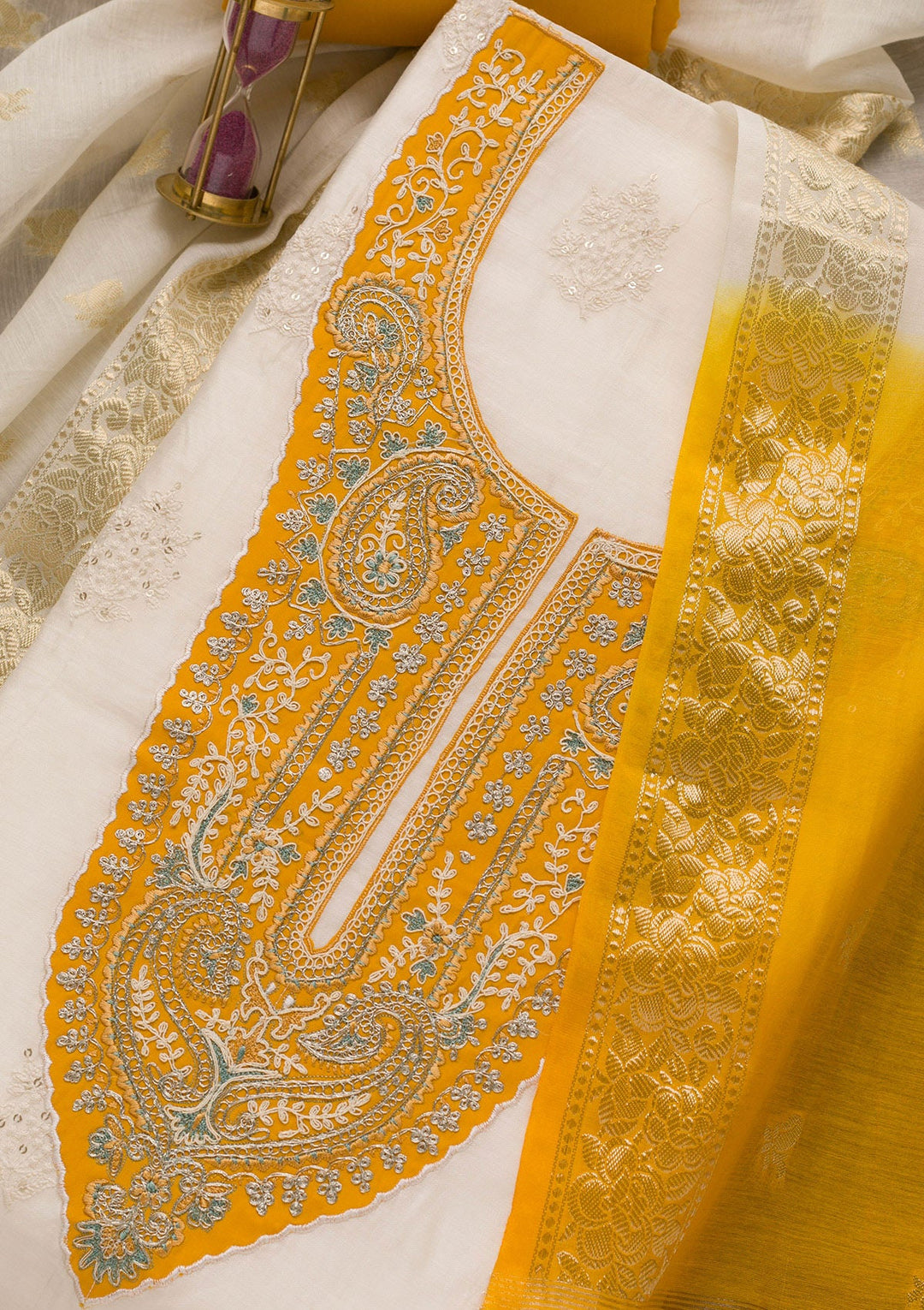 Mustard Threadwork Cotton Unstitched Salwar Suit-Koskii