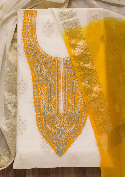 Mustard Threadwork Cotton Unstitched Salwar Suit-Koskii