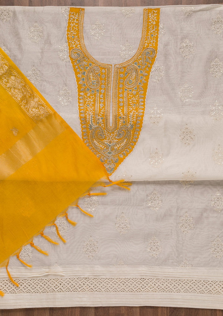 Mustard Threadwork Cotton Unstitched Salwar Suit-Koskii