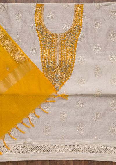 Mustard Threadwork Cotton Unstitched Salwar Suit-Koskii