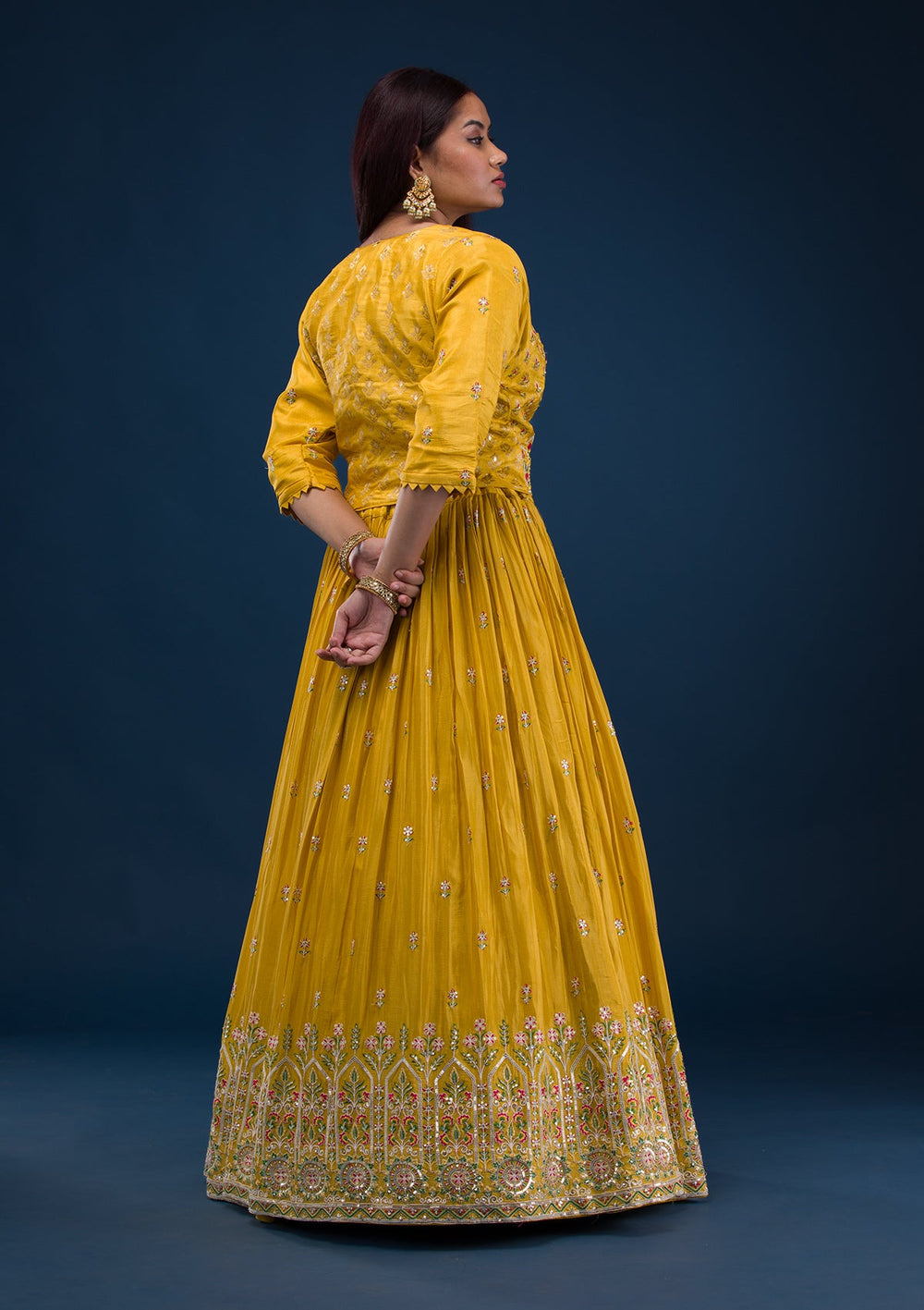 Mustard Threadwork Crepe Readymade Lehenga-Koskii