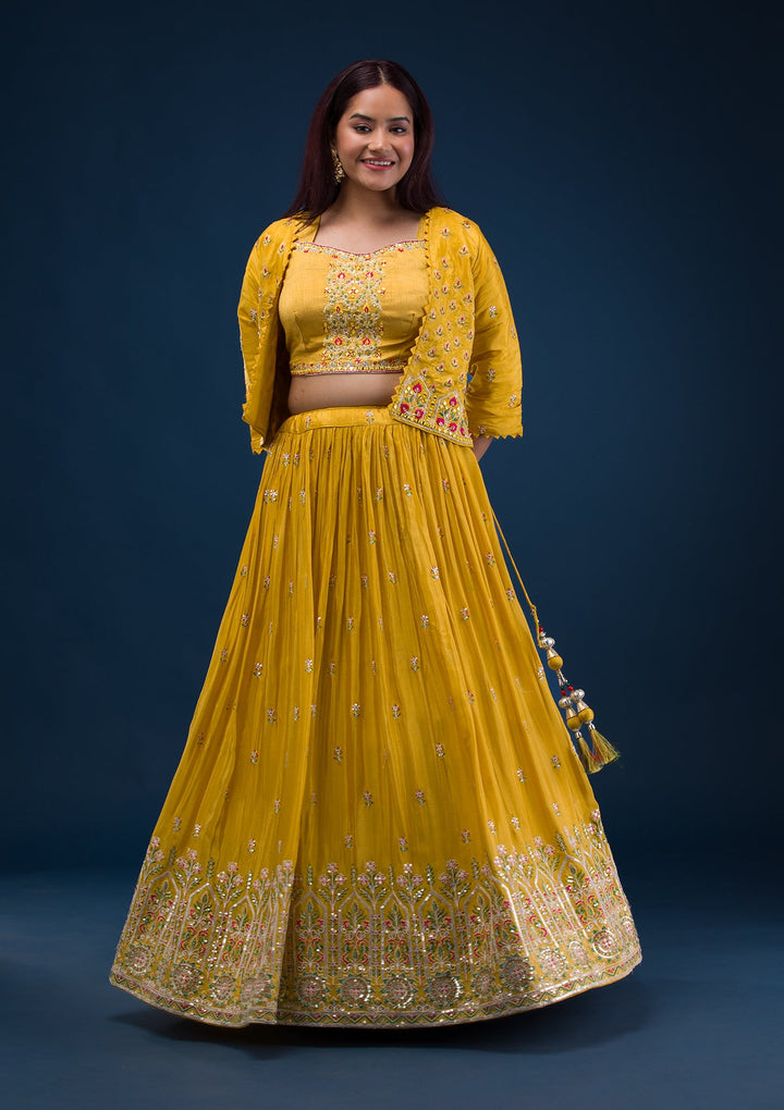 Mustard Threadwork Crepe Readymade Lehenga-Koskii