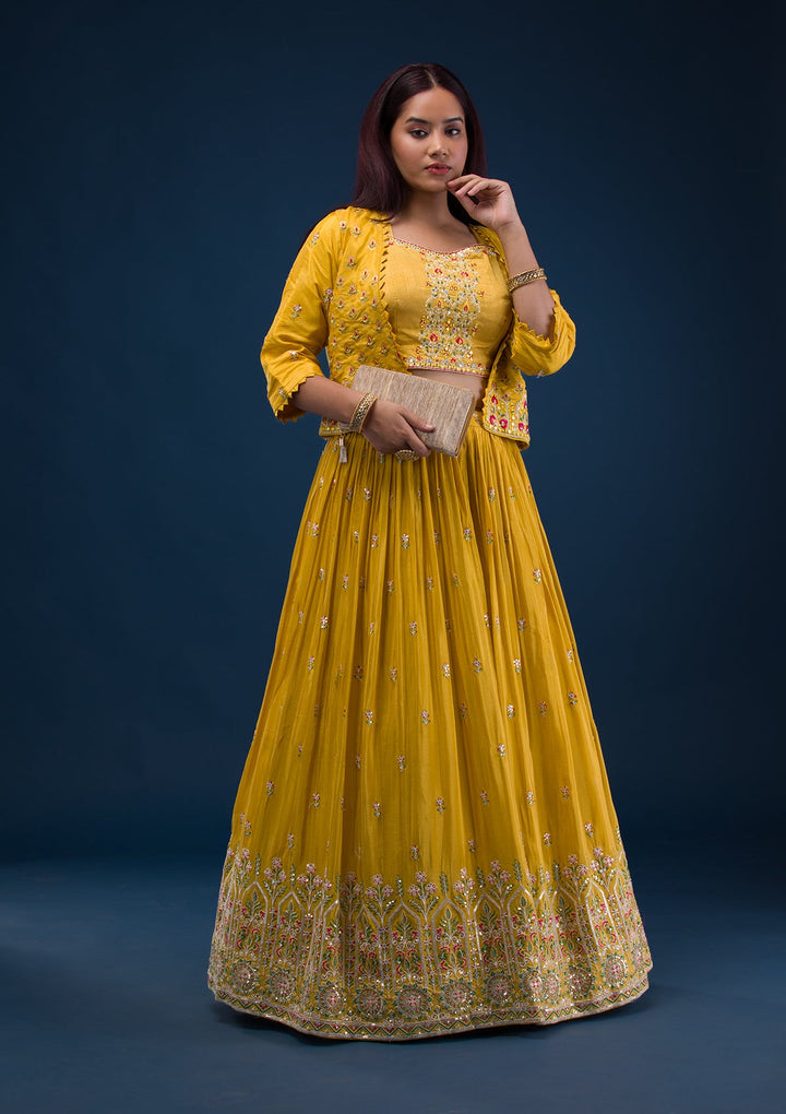 Mustard Threadwork Crepe Readymade Lehenga-Koskii