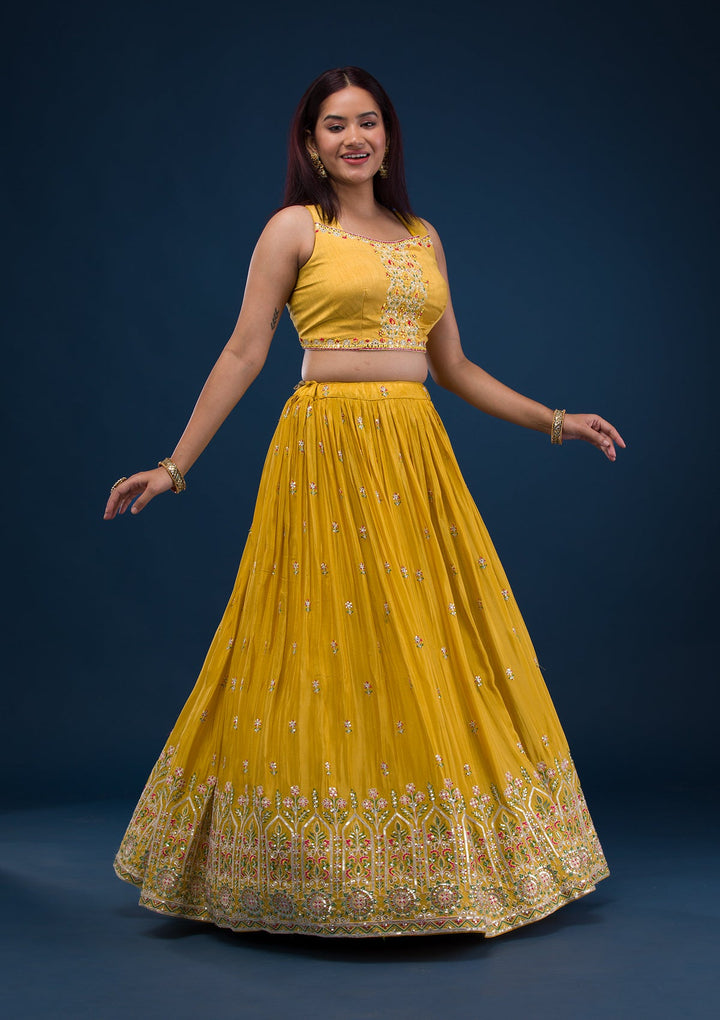 Mustard Threadwork Crepe Readymade Lehenga-Koskii