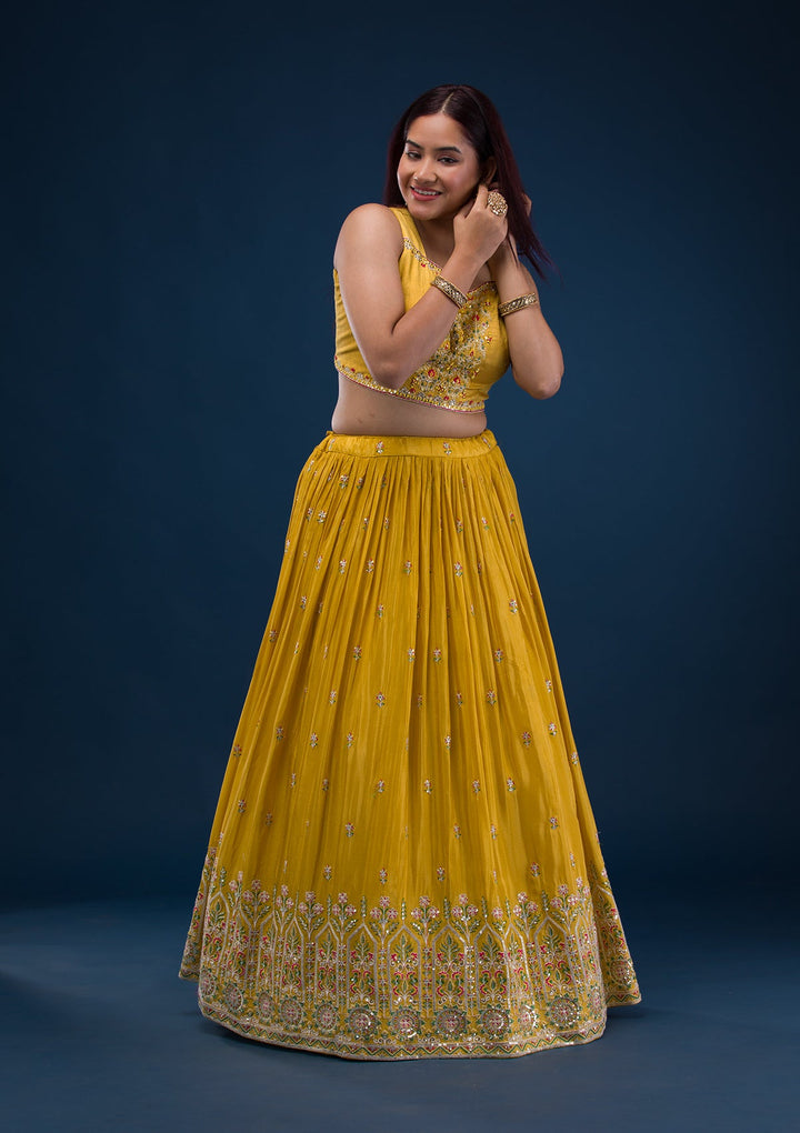 Mustard Threadwork Crepe Readymade Lehenga-Koskii