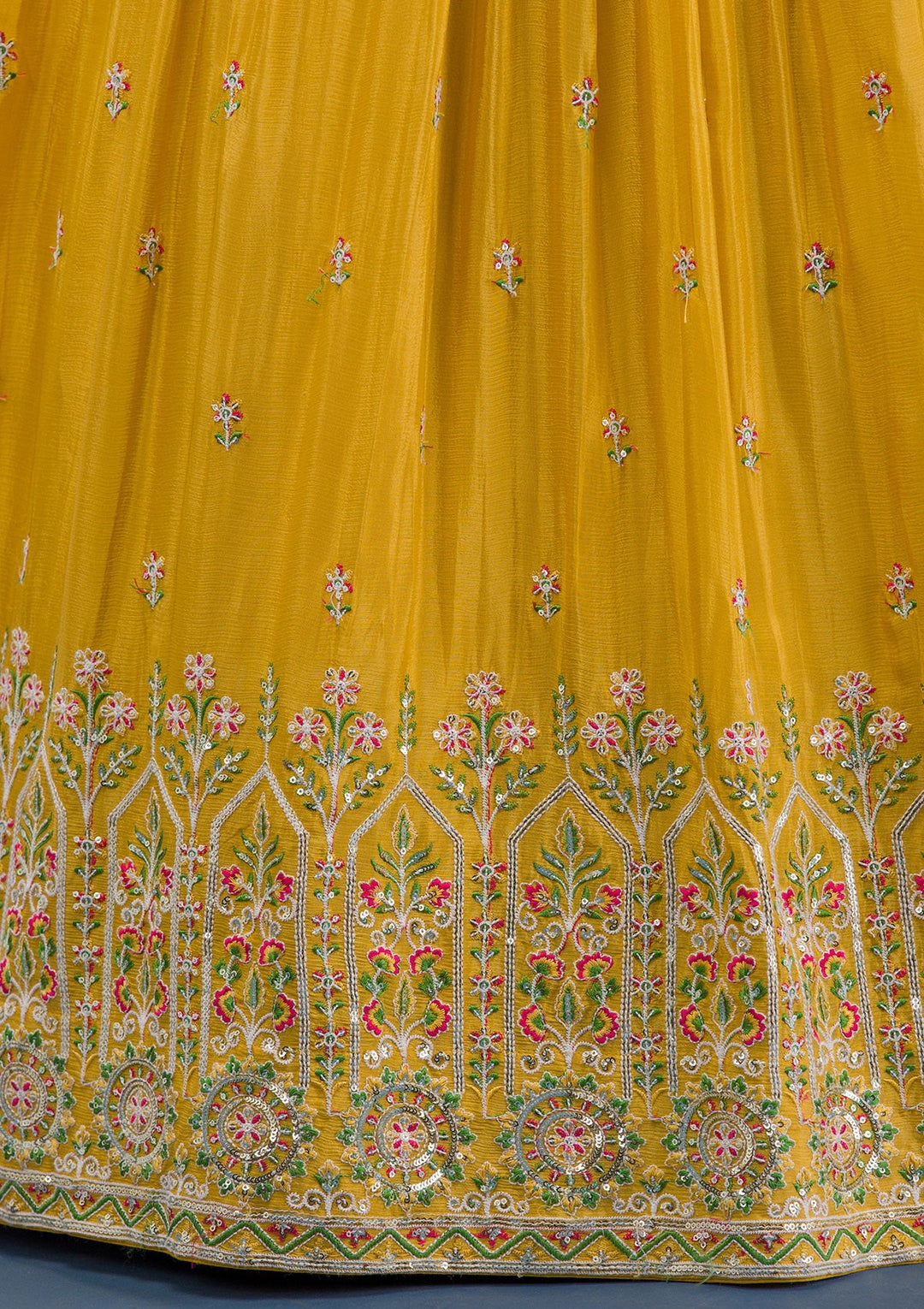 Mustard Threadwork Crepe Readymade Lehenga-Koskii