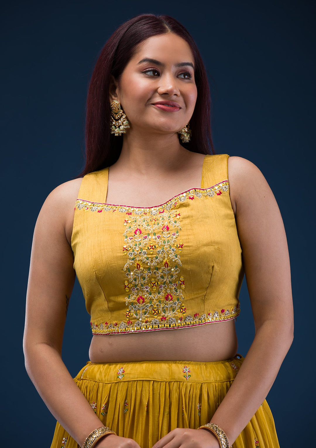 Mustard Threadwork Crepe Readymade Lehenga-Koskii
