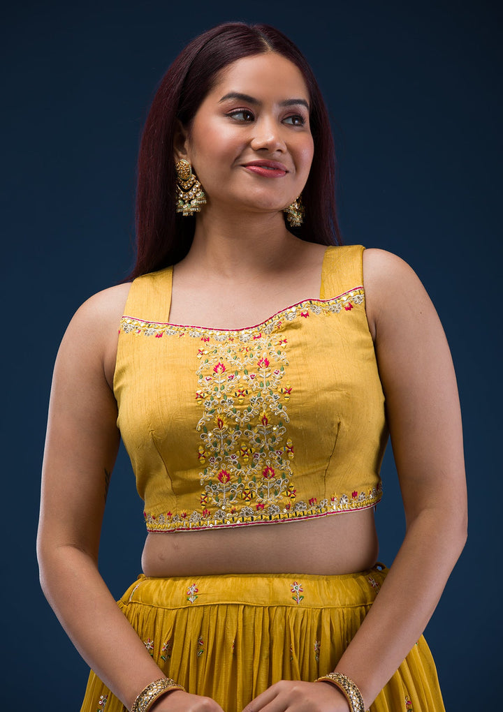 Mustard Threadwork Crepe Readymade Lehenga-Koskii