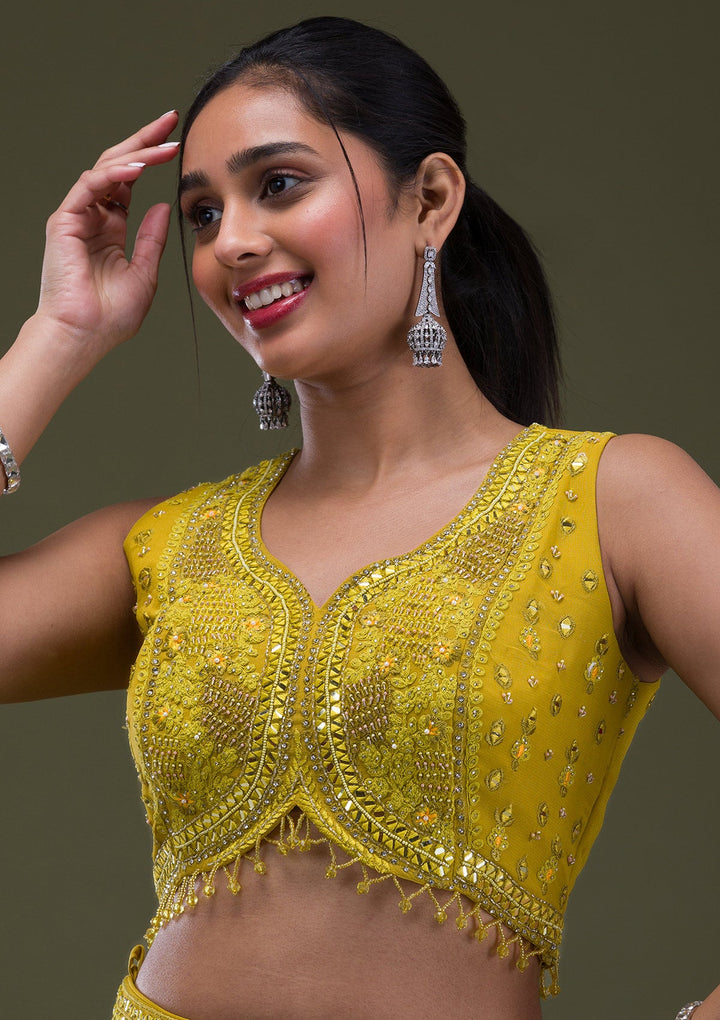 Mustard Threadwork Georgette Readymade Salwar Suit-Koskii