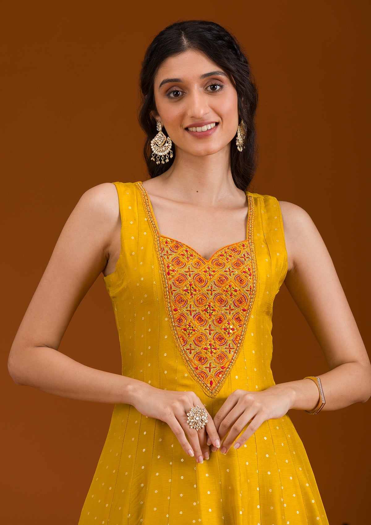 Mustard Threadwork Georgette Readymade Salwar Suit-Koskii