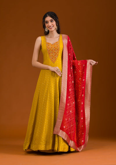 Mustard Threadwork Georgette Readymade Salwar Suit-Koskii