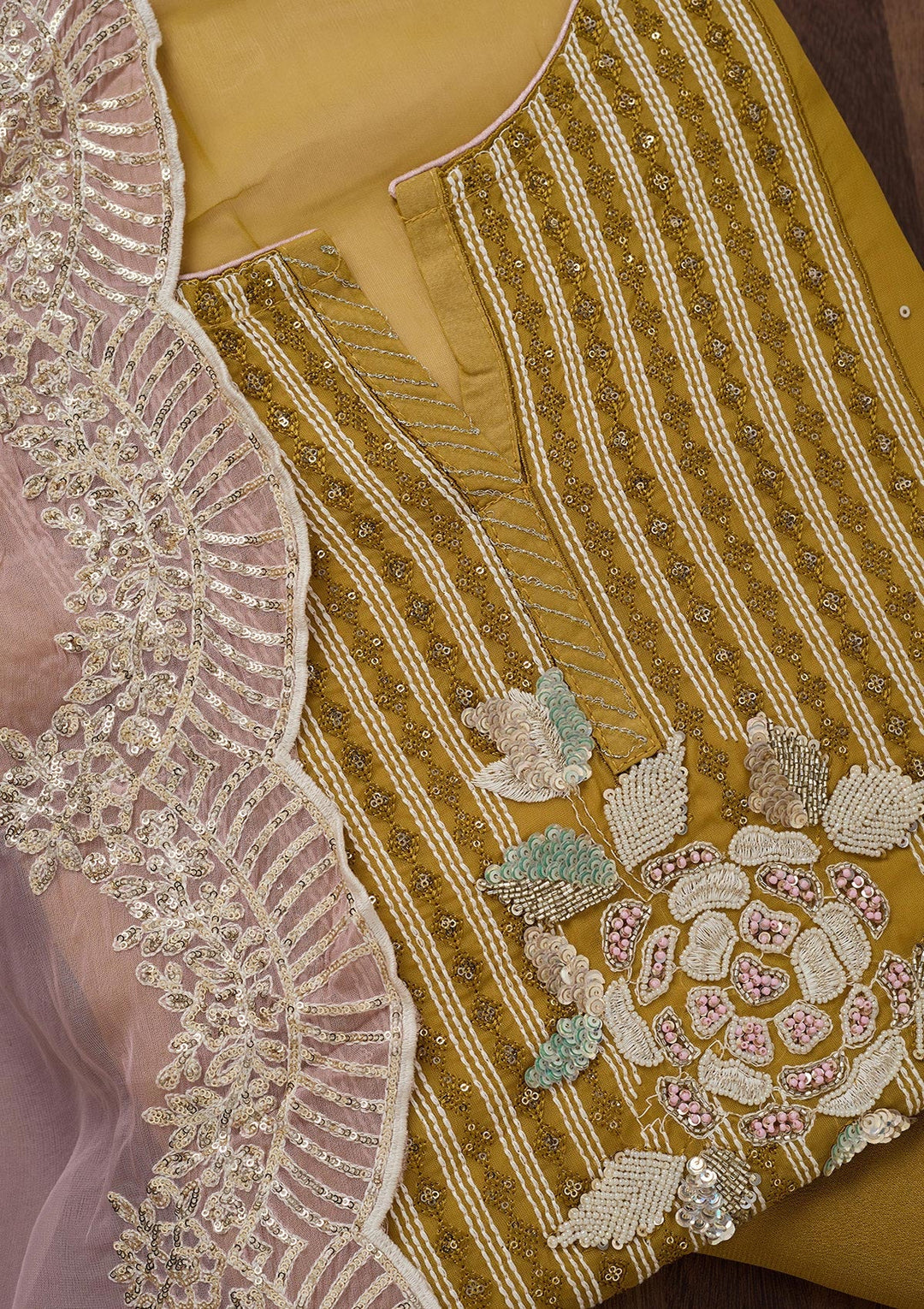 Mustard Threadwork Georgette Unstitched Salwar Suit-Koskii