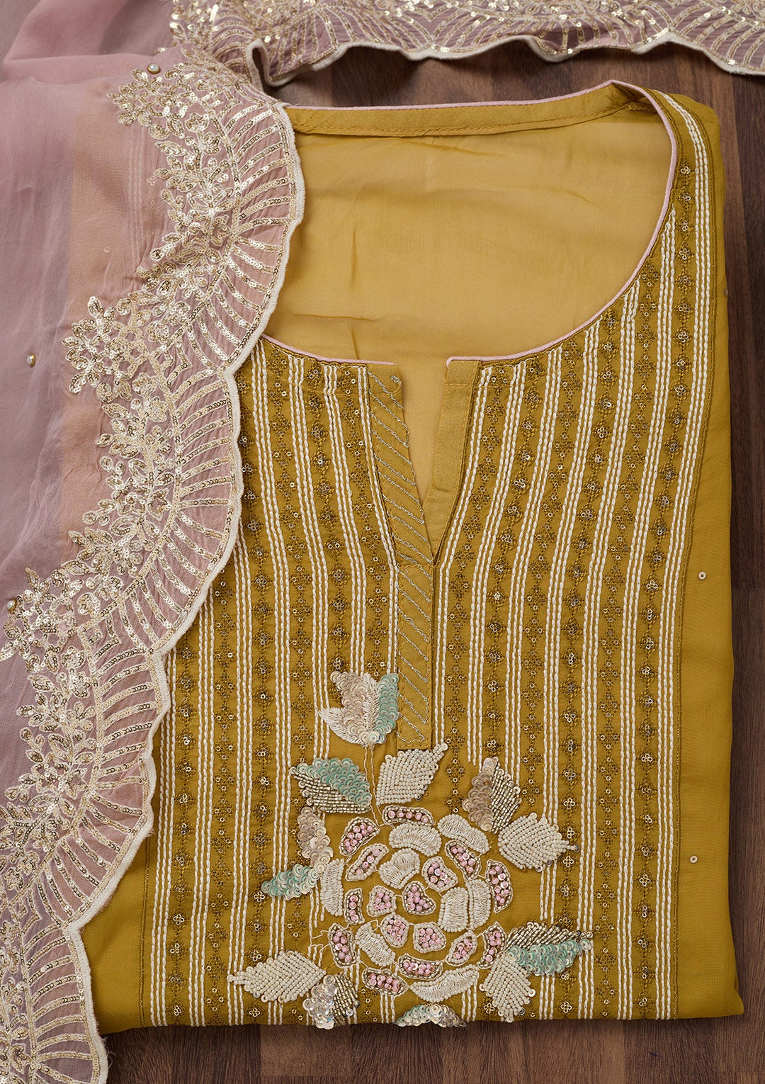 Mustard Threadwork Georgette Unstitched Salwar Suit-Koskii