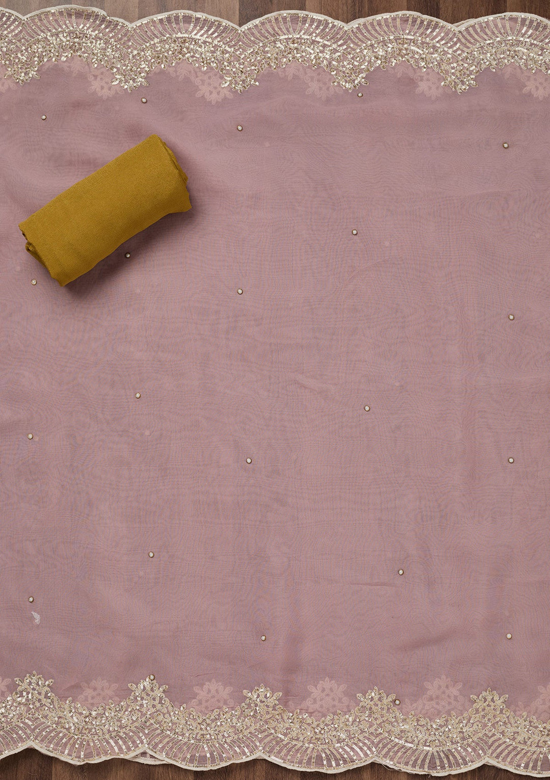 Mustard Threadwork Georgette Unstitched Salwar Suit-Koskii