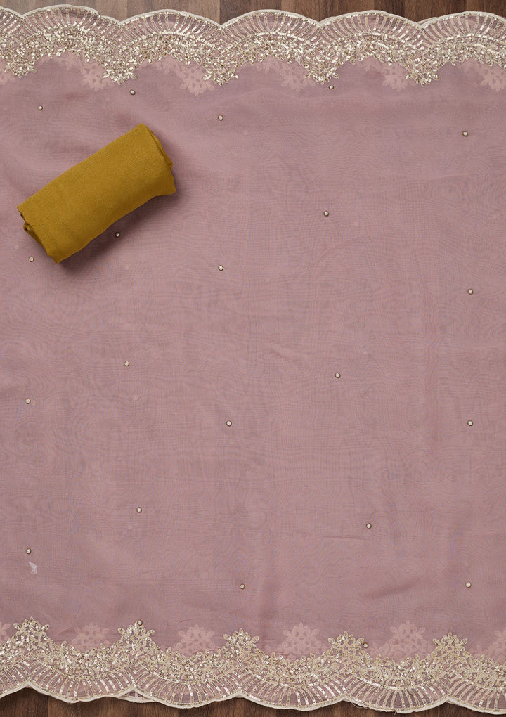 Mustard Threadwork Georgette Unstitched Salwar Suit-Koskii