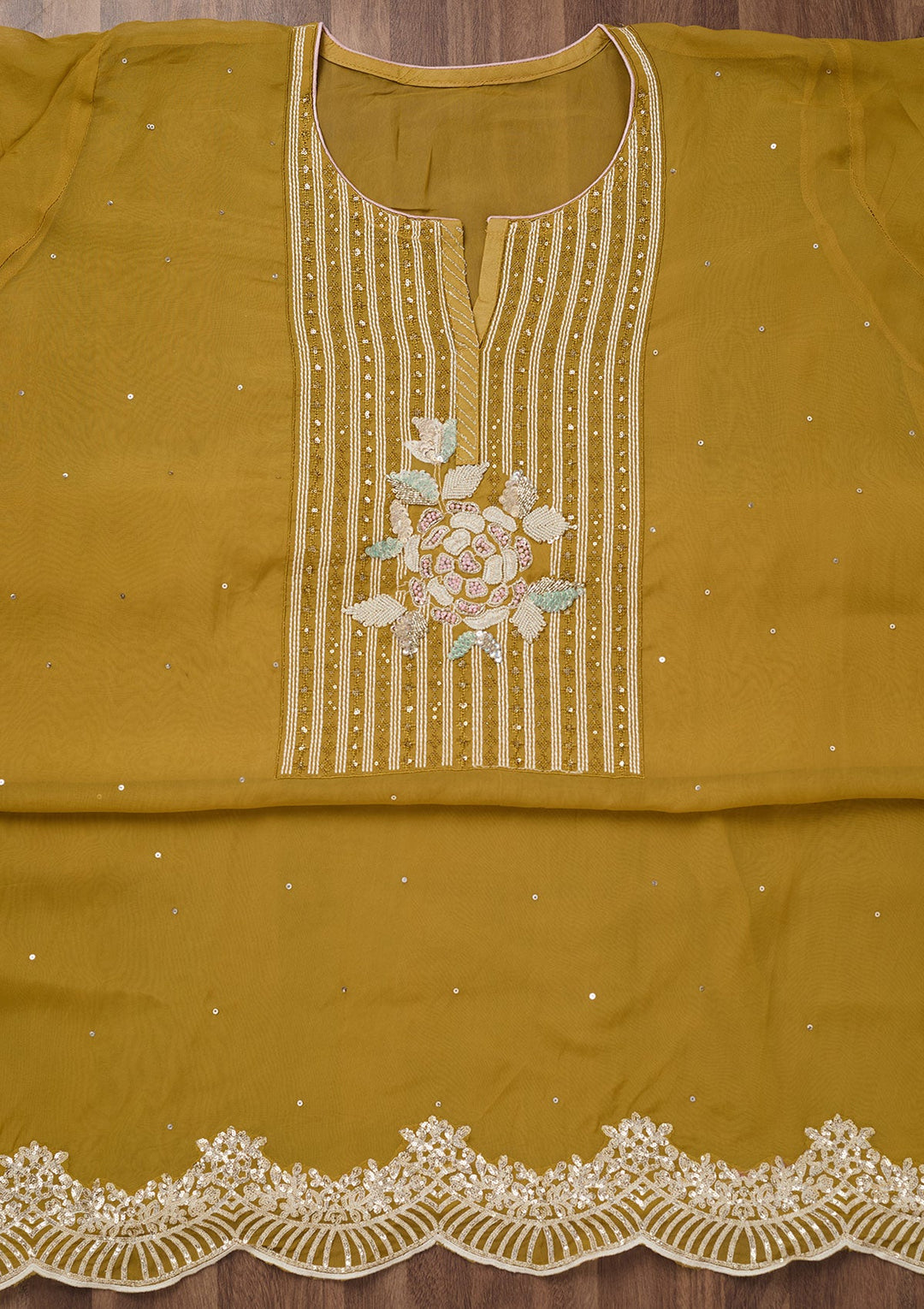 Mustard Threadwork Georgette Unstitched Salwar Suit-Koskii