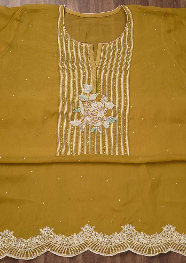 Mustard Threadwork Georgette Unstitched Salwar Suit-Koskii