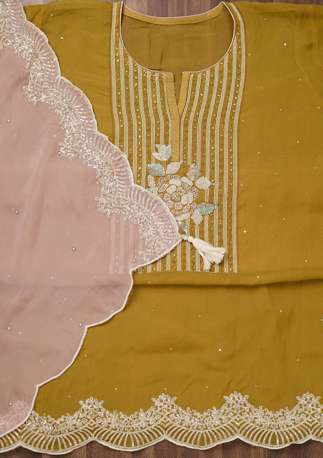 Mustard Threadwork Georgette Unstitched Salwar Suit-Koskii