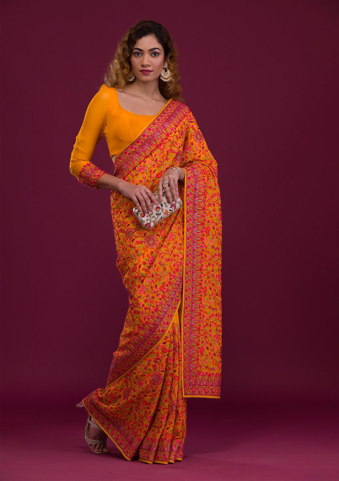 Mustard Threadwork Georgette Saree-Koskii