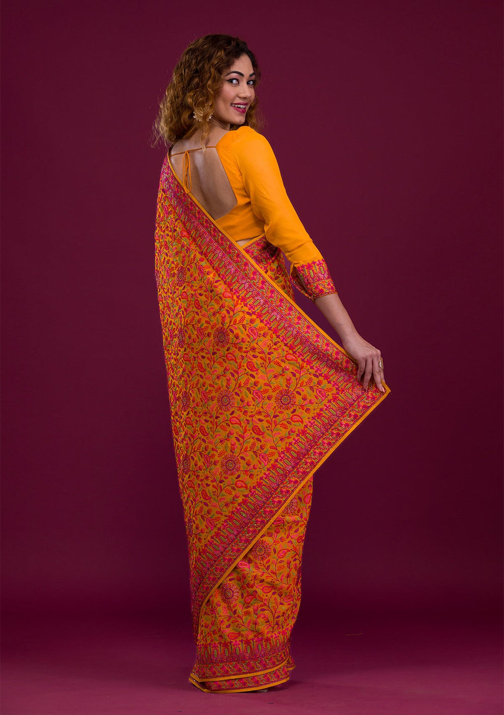 Mustard Threadwork Georgette Saree-Koskii